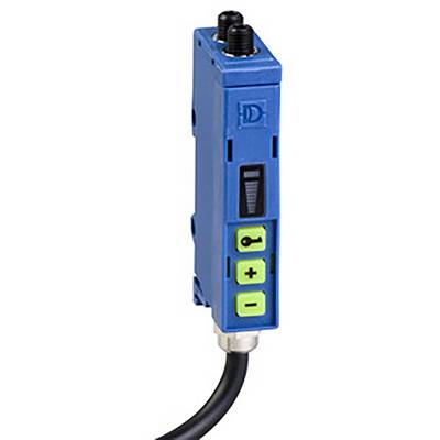Ein blauer elektronischer Sensor mit zwei schwarzen Drehknöpfen oben und drei grünen Tasten vorne. Ein schwarzes Kabel ragt unten heraus.