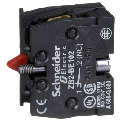 Schneider Electric ZB2-BE102 Elektroschalter-Kontaktblock mit rotem Betätiger und Anschlussmarkierungen.