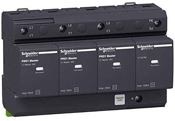 Das Bild zeigt einen schwarzen Überspannungsschutz der Marke Schneider Electric mit mehreren Eingängen, gekennzeichnet als 'C1', 'C2', 'L1', 'L2', 'L3' und 'PE'.
