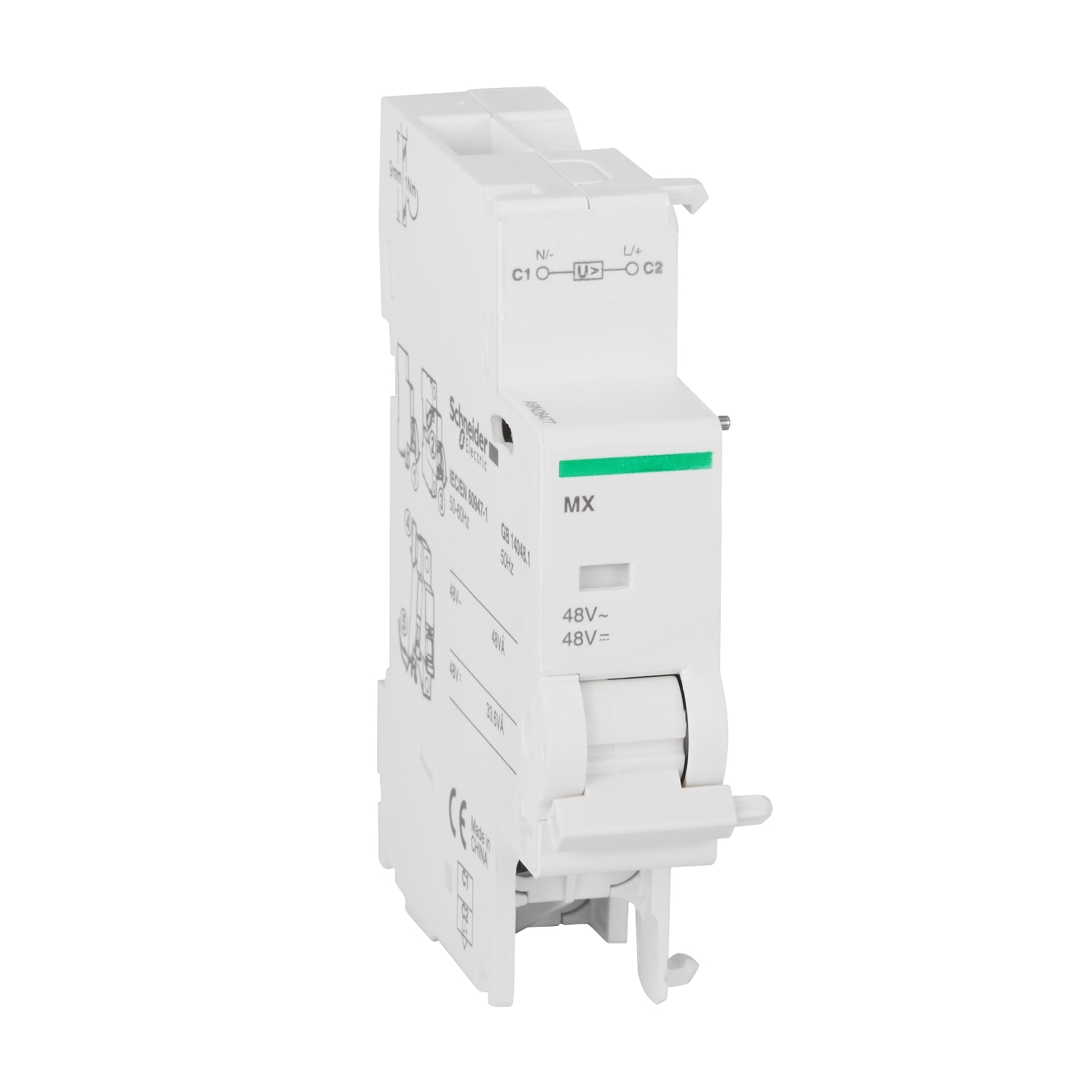 Ein weißes elektrisches Relais, 48V, von Schneider Electric. Es zeigt die Anschlüsse C1, C2 und MX für den elektrischen Schaltkreis.