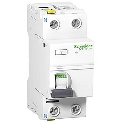 Ein weißer Schutzschalter mit der Aufschrift 'Schneider Electric' und Schaltern in Position 'ON' und 'OFF', erkennbar an blauen Markierungen.