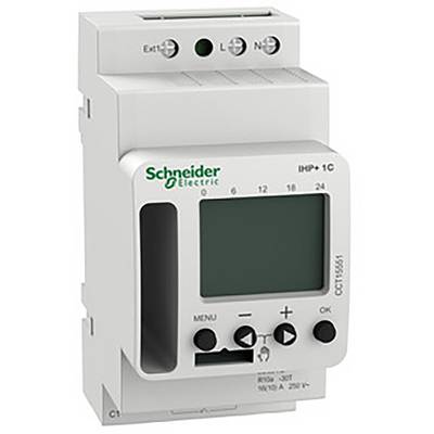 Ein digitales Zeitschaltuhr-Modul von Schneider Electric mit Display und Bedientasten zur Steuerung von elektrischen Geräten.