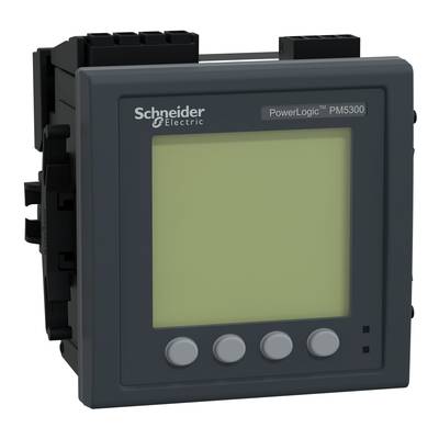 Ein graues Messgerät von Schneider Electric mit vier Tasten auf der Vorderseite, geeignet für die Überwachung elektrischer Parameter.