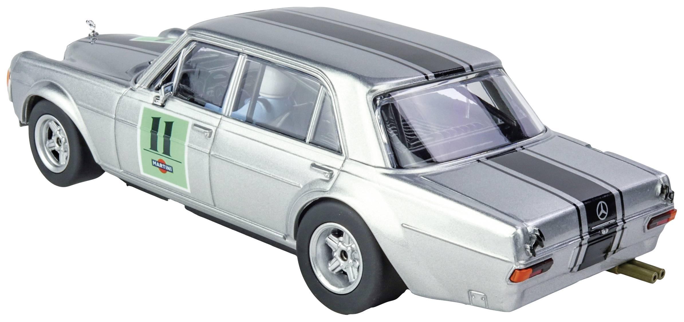 Silbernes Spielzeugauto im Rennstil mit schwarzen Streifen und der Nummer 11 auf der Seite.