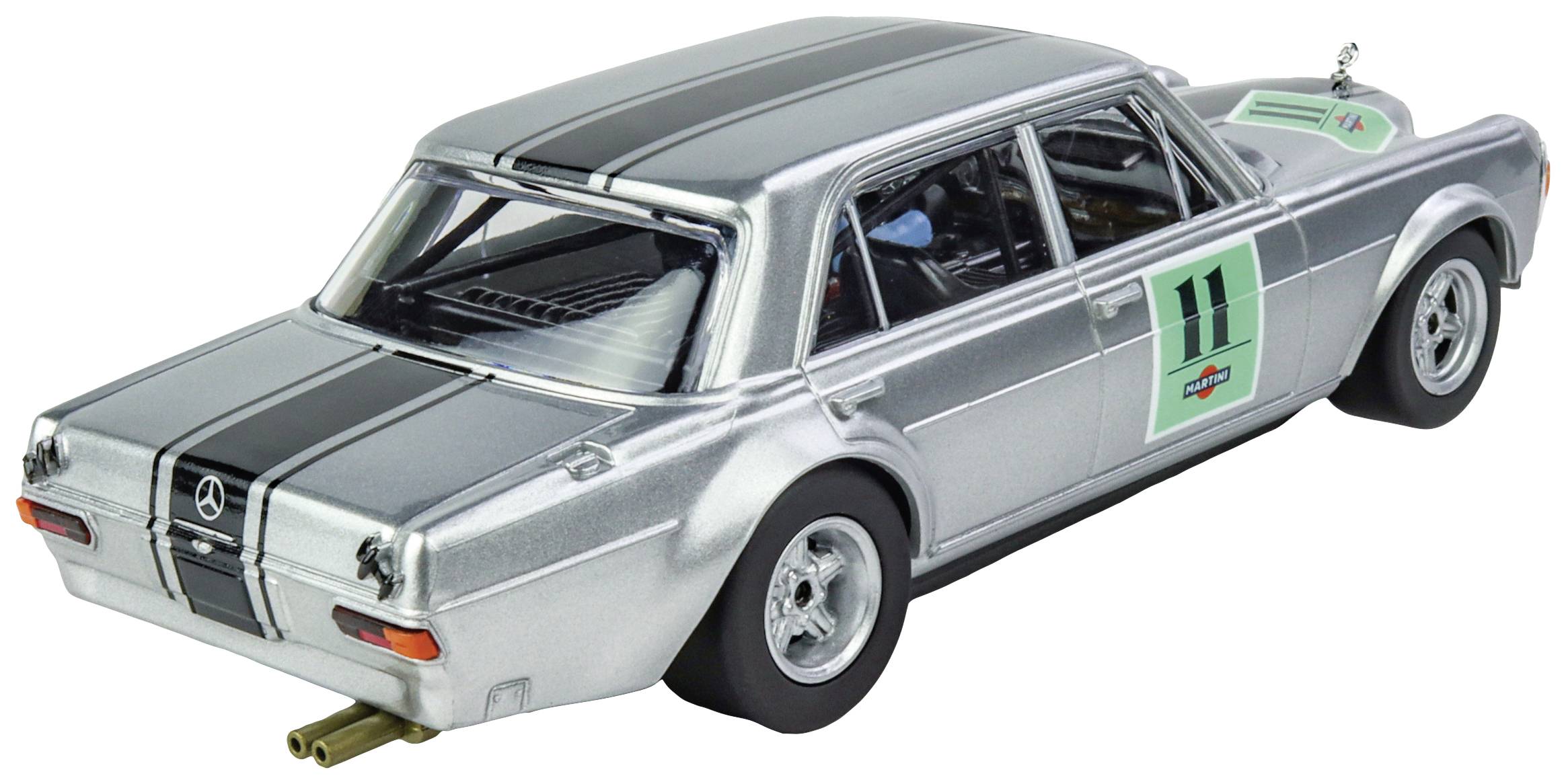 Ein silbernes Modellauto im Rennwagen-Stil mit der Nummer '11' auf der Tür. Es hat schwarze Streifen und detaillierte Räder.