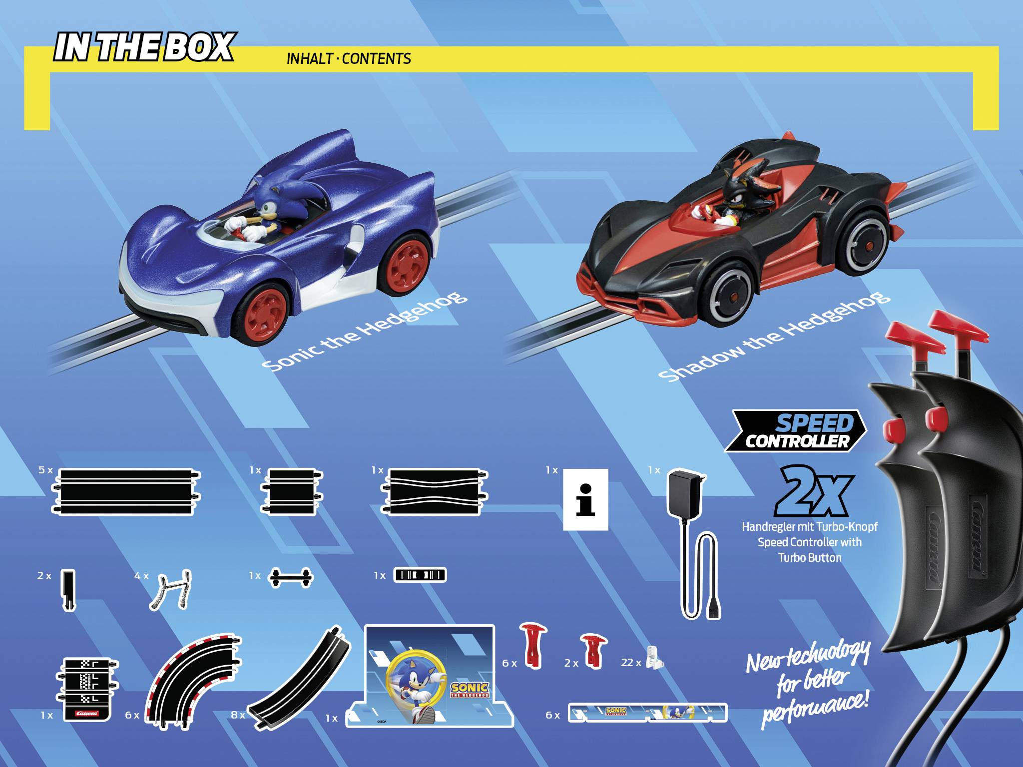 'Inhalt: Sonic the Hedgehog' und 'Shadow the Hedgehog' Rennautos auf Rennbahn. Enthält Streckenteile und 2 Speed-Controller.