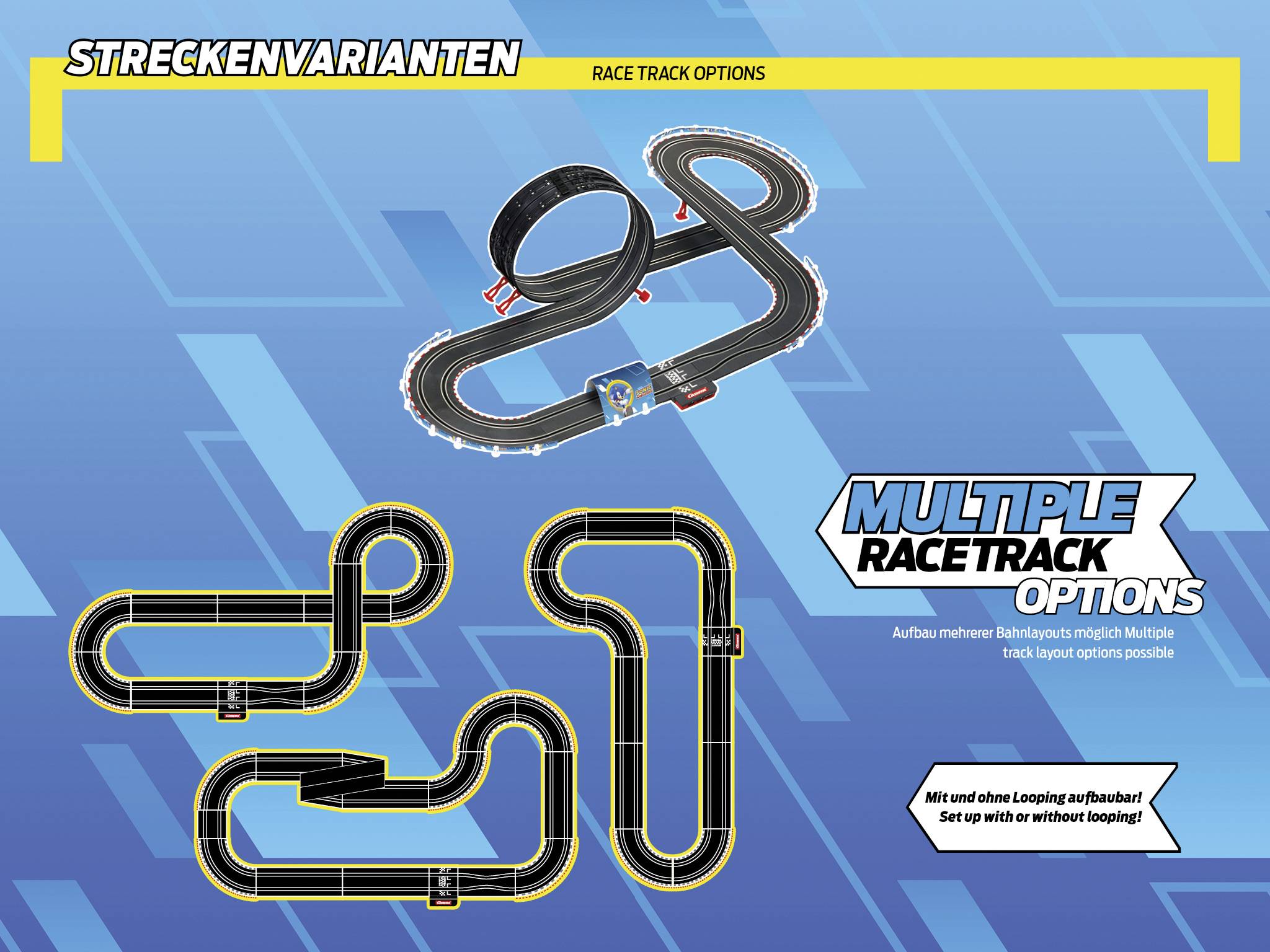 'Drei Rennstreckenvarianten auf blauem Hintergrund: oben Looping-Strecke, unten links gerade Strecke, unten rechts Kurvenstrecke.'
