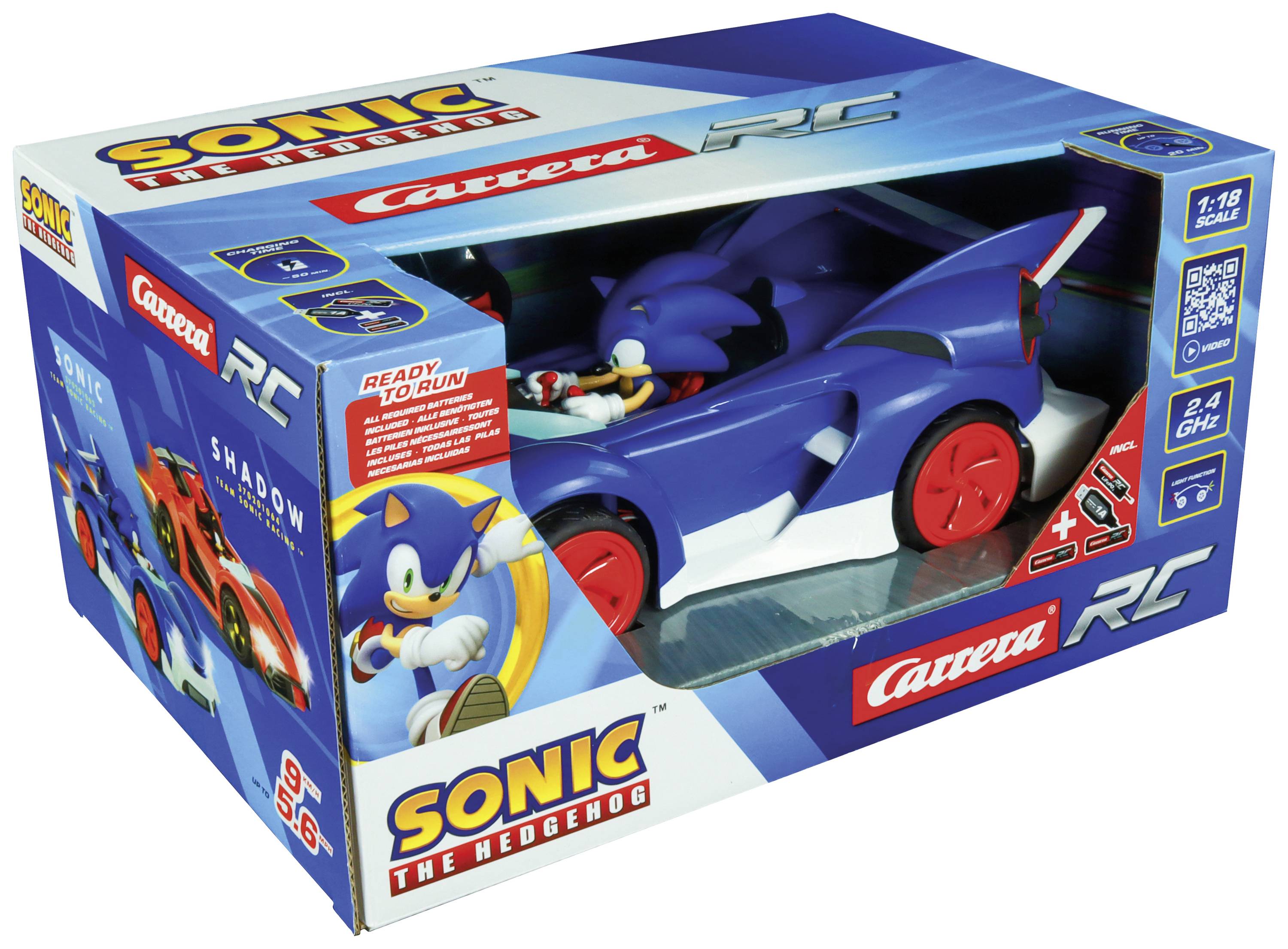 Spielzeugkarton mit einem blauen 'Sonic the Hedgehog'-RC-Auto, geeignet für Kinder ab 6 Jahren. Enthält Batterien und Fernsteuerung.