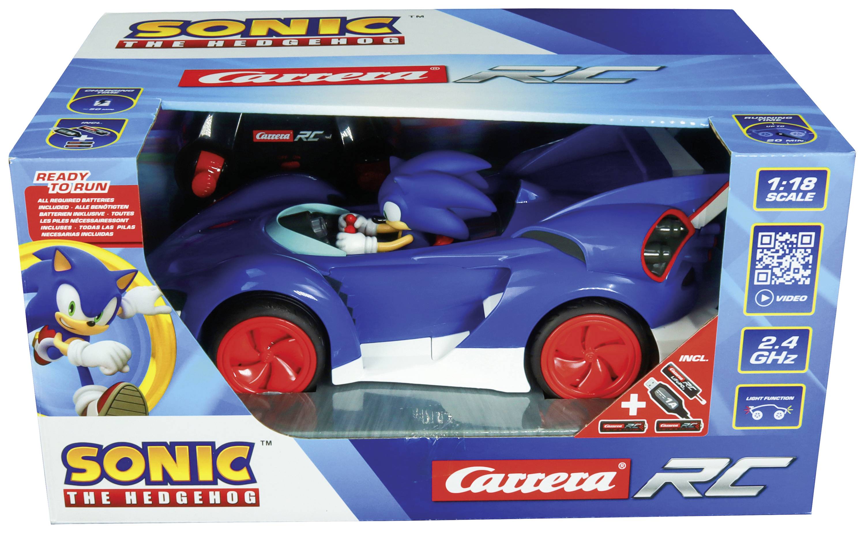 'Carrera RC Sonic' Spielzeugauto in blauer Verpackung. Enthält blauen Rennwagen mit rotem Sonic-Figur, bereit zum Fahren. Maßstab 1:18.