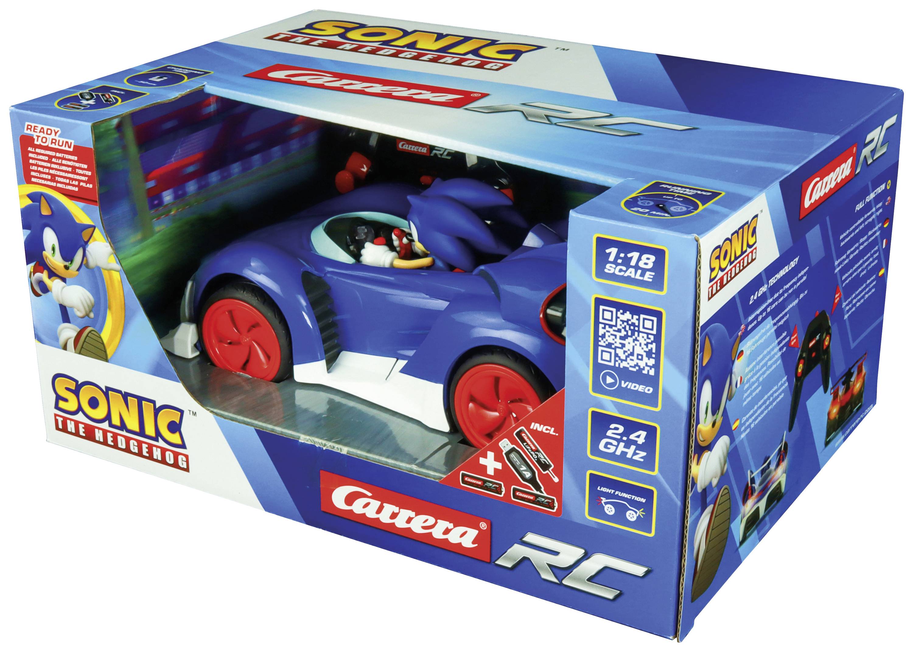 RC-Auto-Spielzeug in einer Verpackung im 'Sonic the Hedgehog'-Design, blauer Rennwagen mit roten Reifen, 1:18 Maßstab.