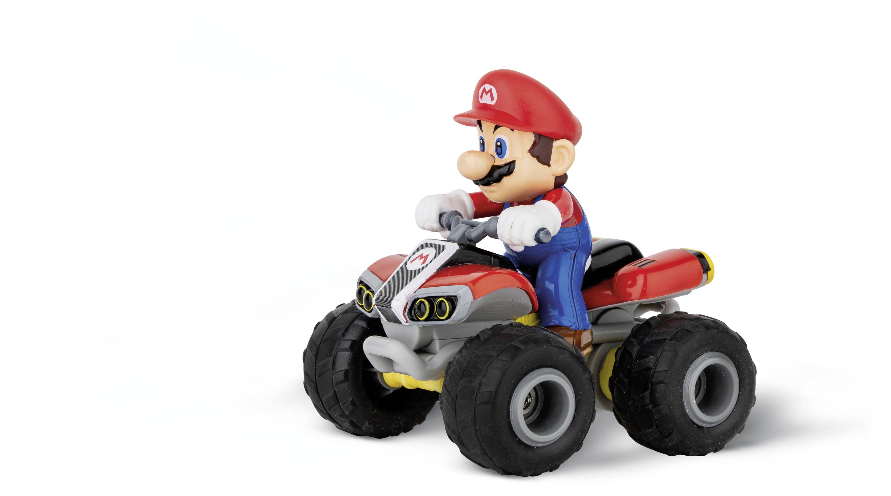 Ein Spielzeugfigur eines Mannes im roten Outfit und rotem Hut fährt ein Quad.