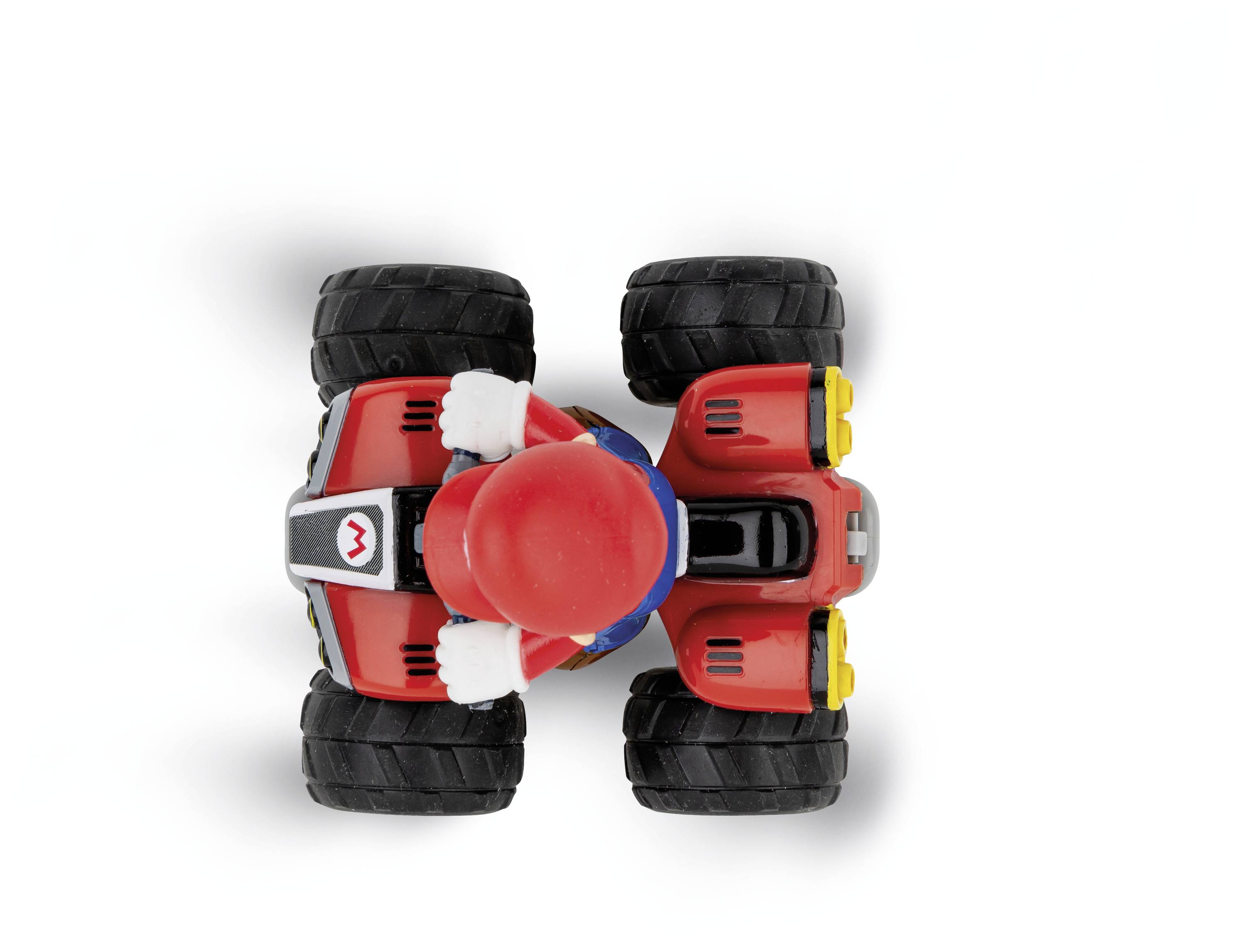 Spielzeug-Kart in Rot mit großer, animierter Figur am Steuer. Ansicht von oben. Vier schwarze Räder; rote Karosserie.