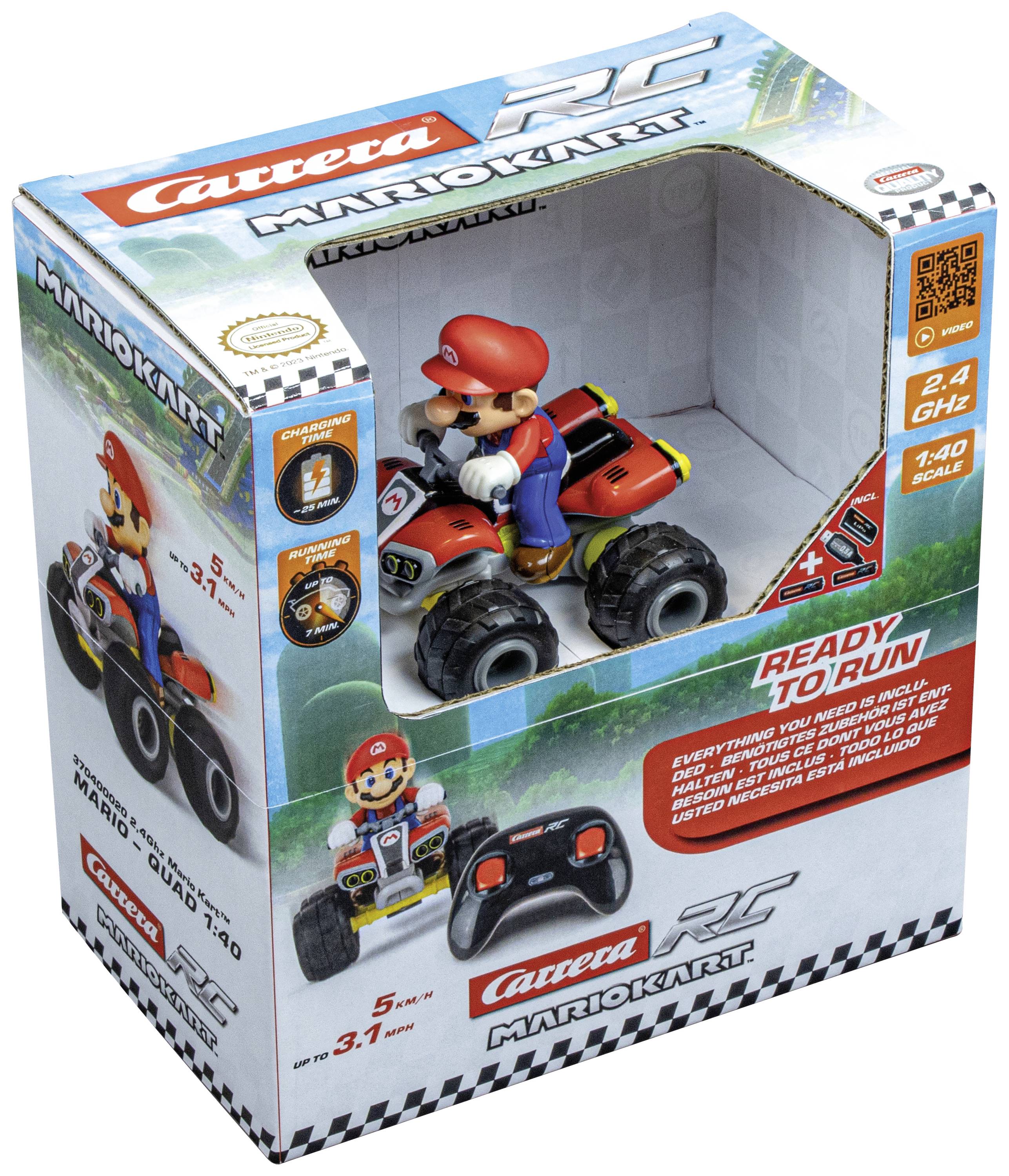Verpackung eines ferngesteuerten Mario-Kart-Spielzeugs mit Mario auf einem Quad, bereit zum Fahren. Beinhaltet Fernbedienung.