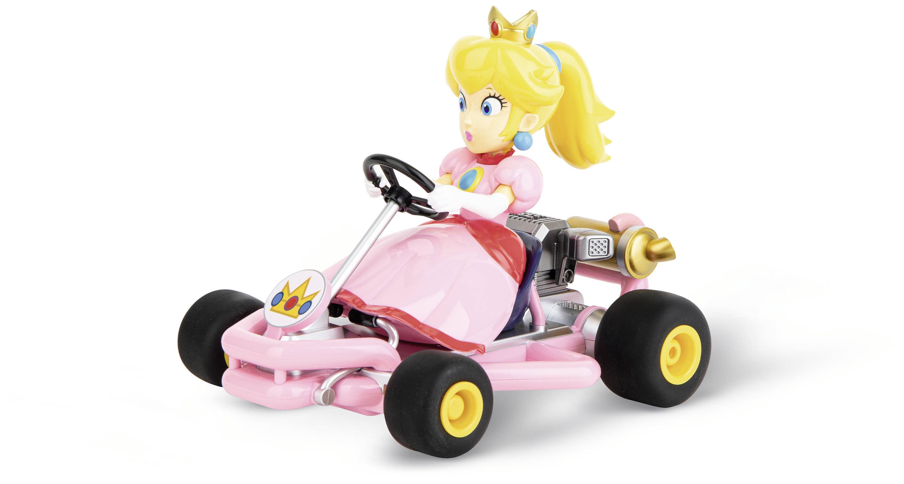 Spielzeugauto in Form eines Karts mit einem bunten Charakter im rosa Outfit am Steuer.