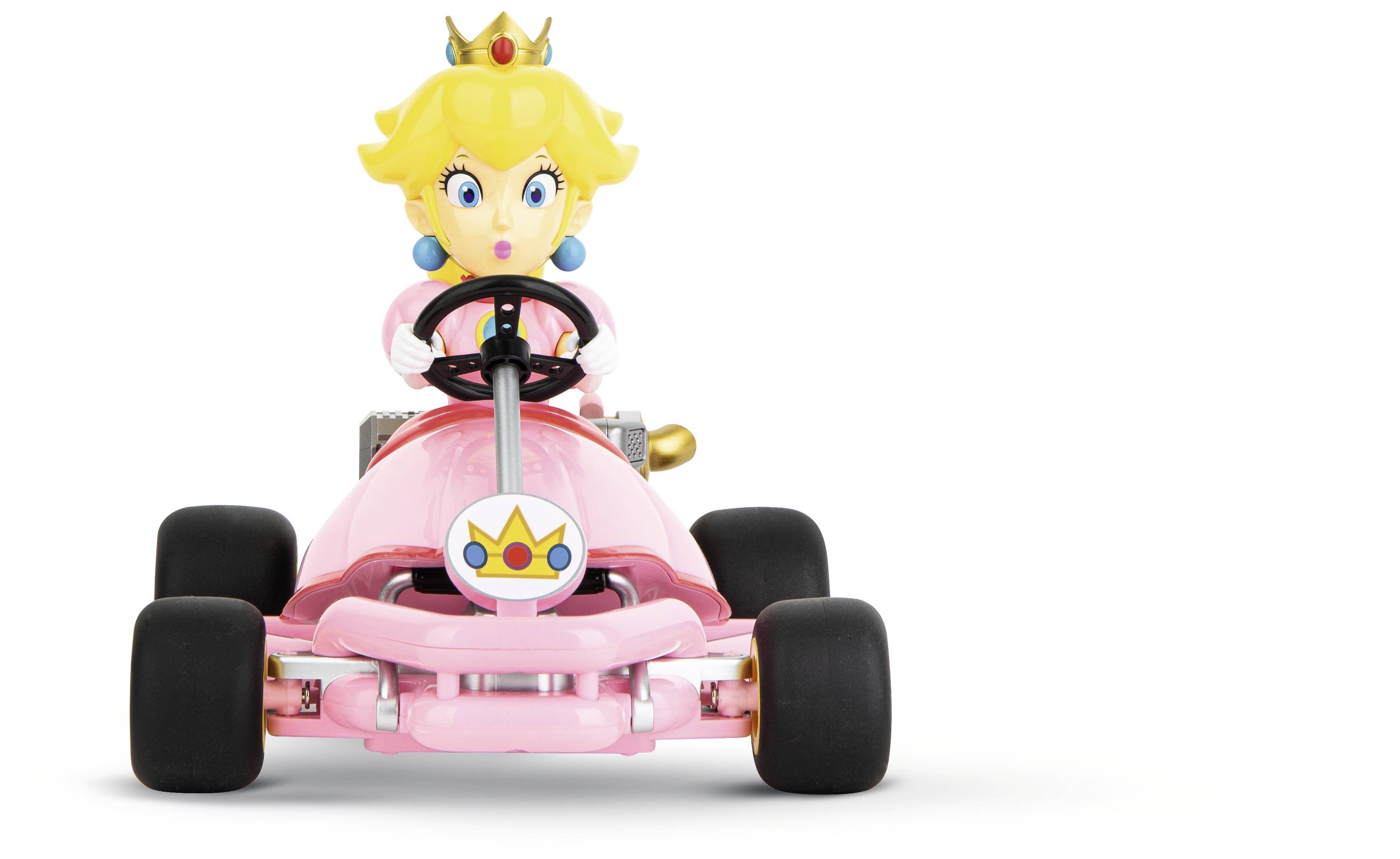 Eine blonde Figur mit Krone und rosa Outfit fährt ein rosafarbenes Kart.