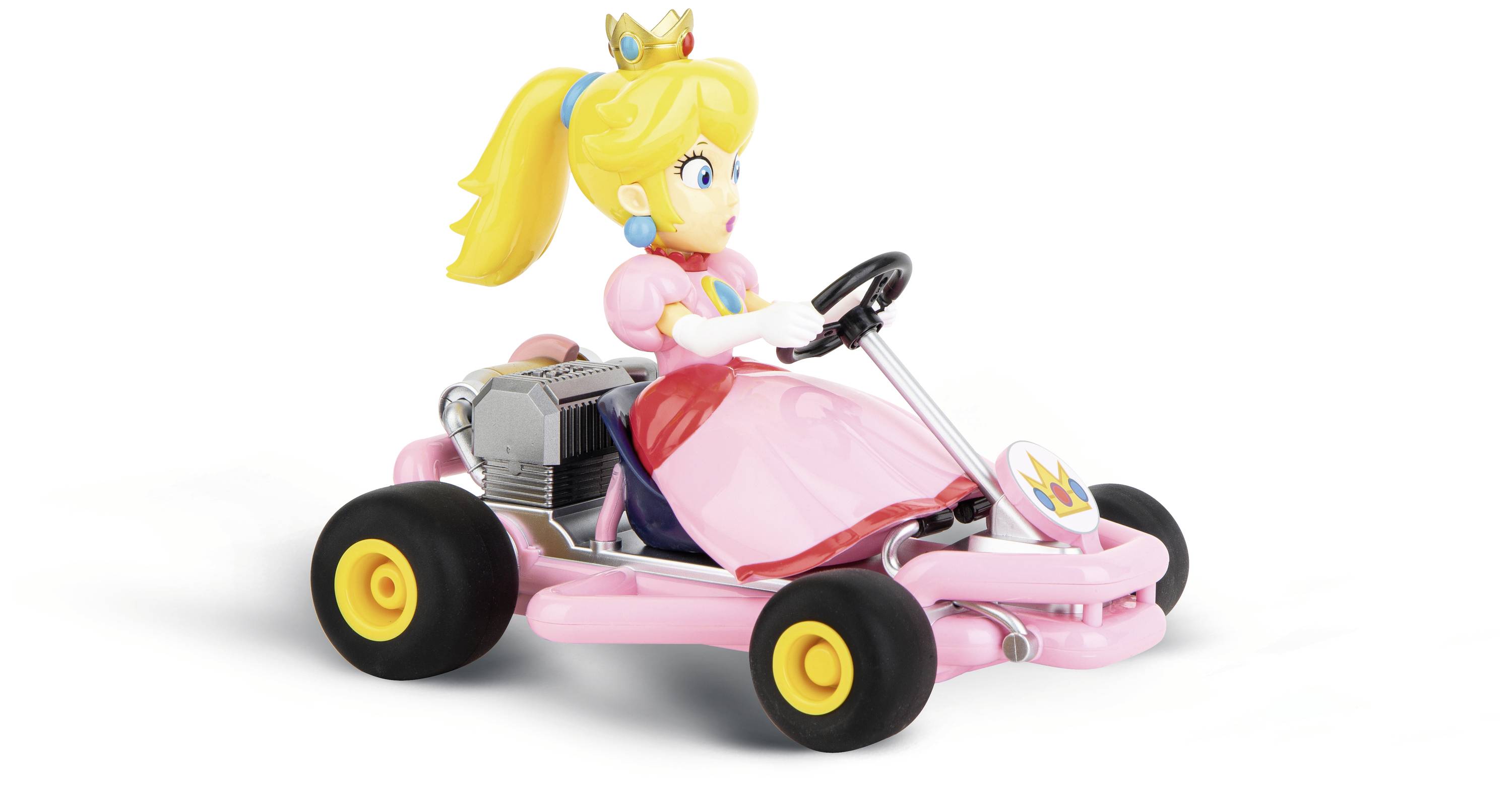 Eine Figur mit Krone fährt in einem rosafarbenen Kart.