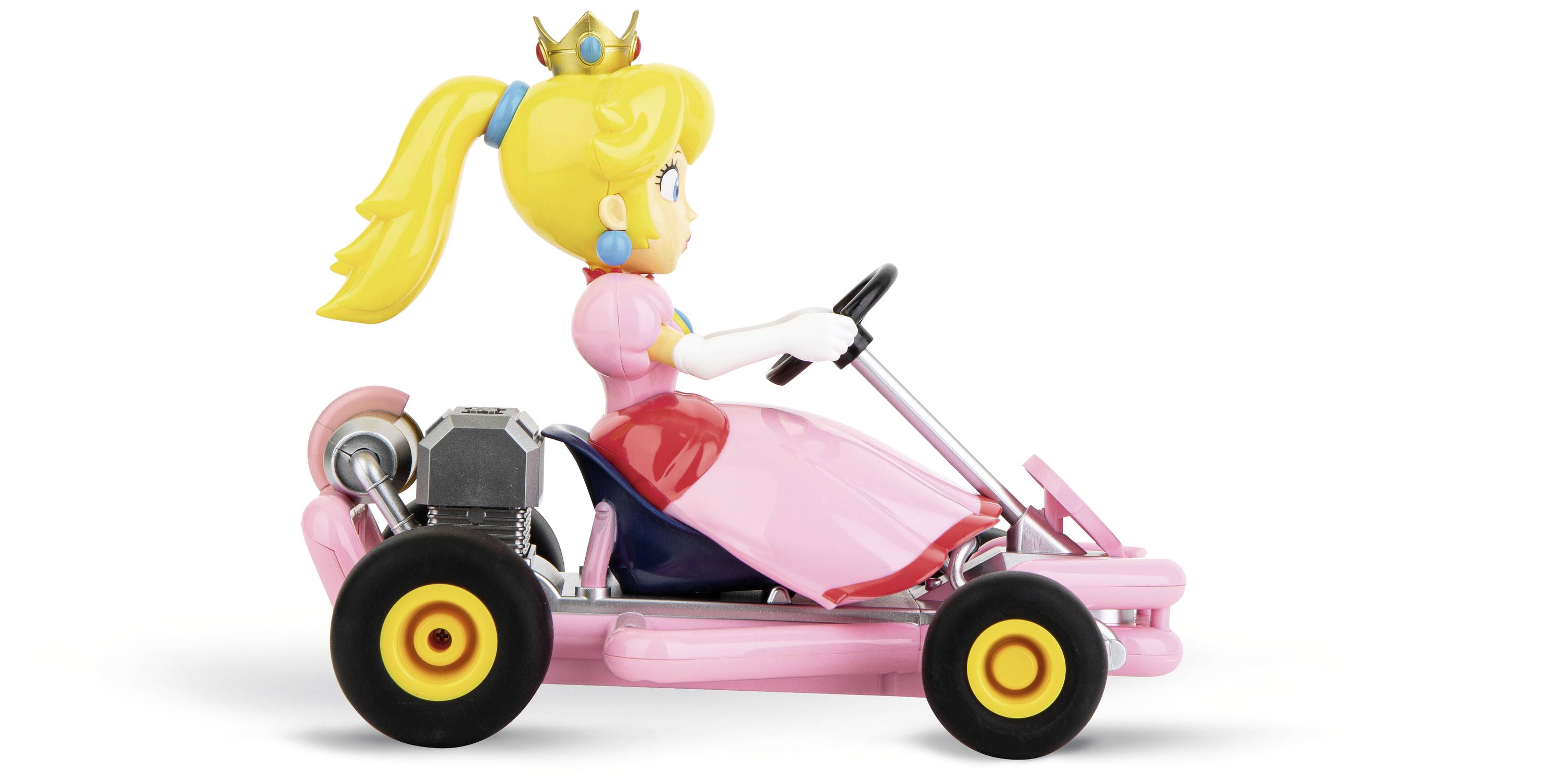 Ein Videospiel-Charakter in einem rosafarbenen Gokart, seitlich gesehen. Die Figur trägt ein Kleid und eine Krone.