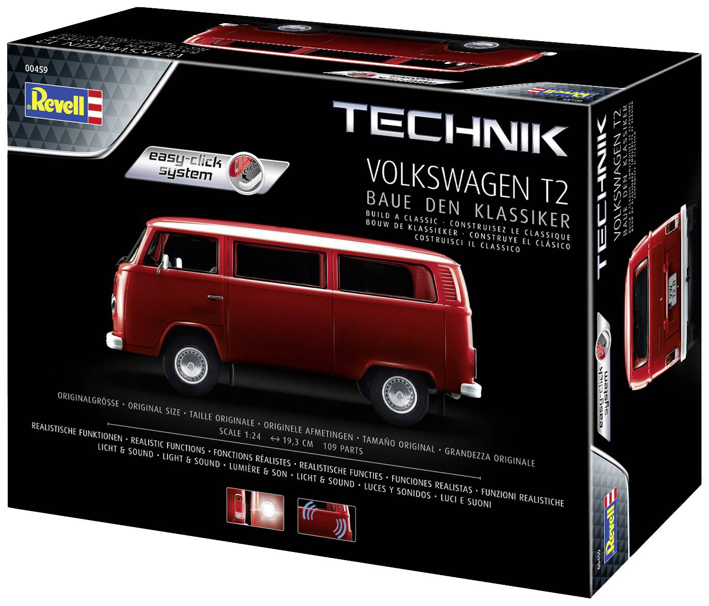'Revell Technik Volkswagen T2 Modellbaukasten, Maßstab 1:24, rotes Fahrzeug, einfache Klick-Technik, realistischer Motorensound.'