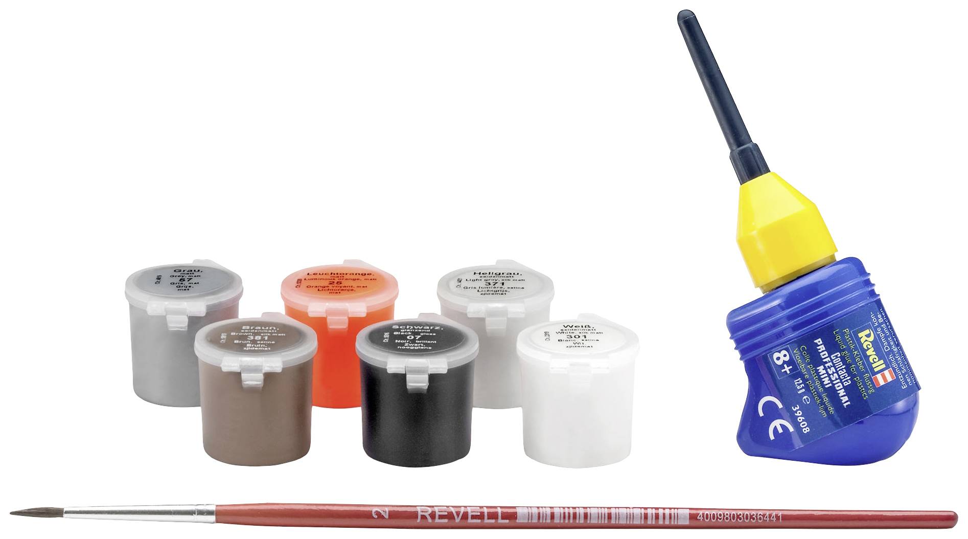 Sechs kleine Farbtöpfe in Grau, Weiß, Orange, Schwarz und Braun mit einem Pinsel und einer Flasche Kleber auf einer weißen Oberfläche.