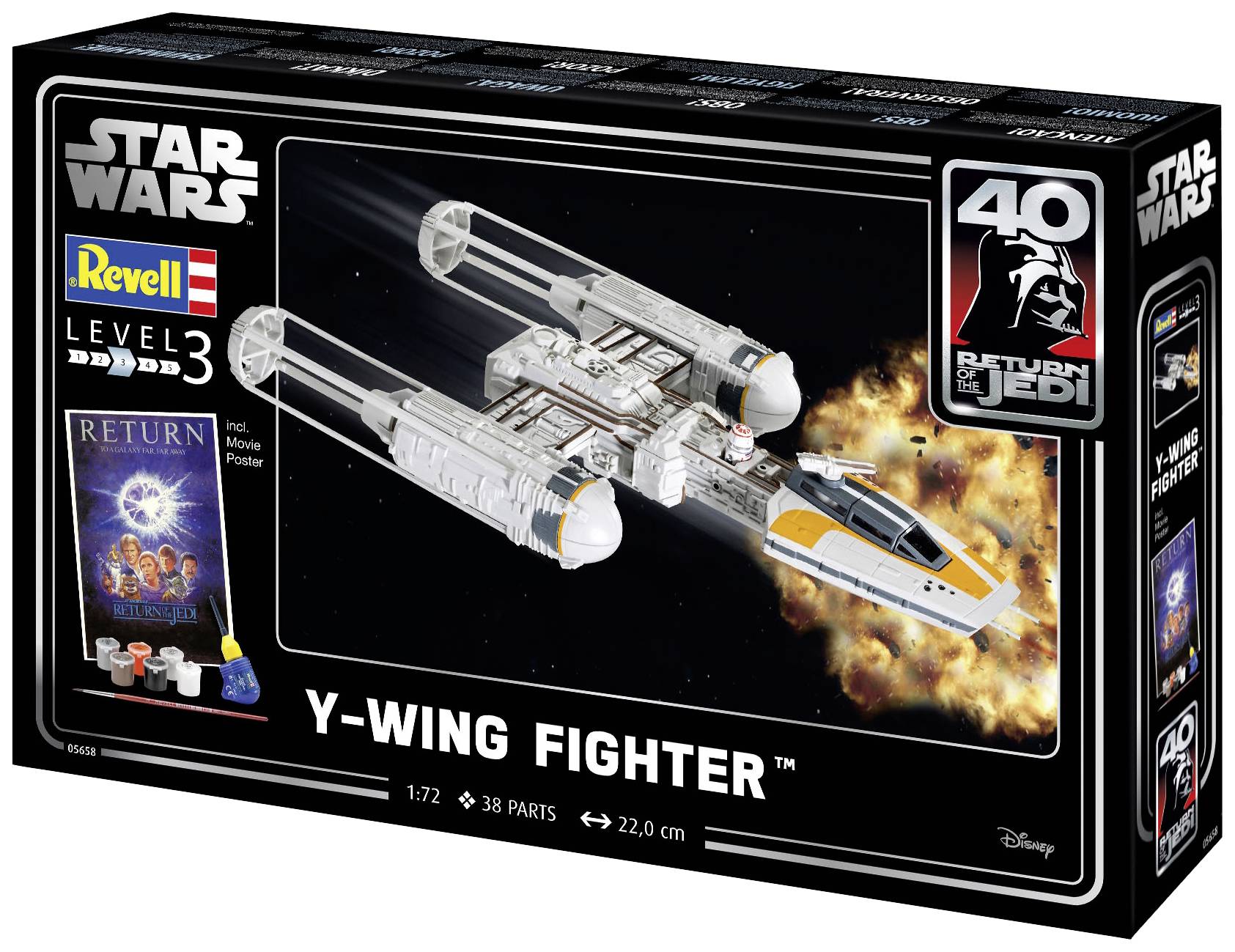 "Star Wars: Return of the Jedi"-Modellbausatz von Revell. Verpackung zeigt Y-Wing Fighter im Weltraum mit Explosion und 40-jähriges Jubiläumssymbol.