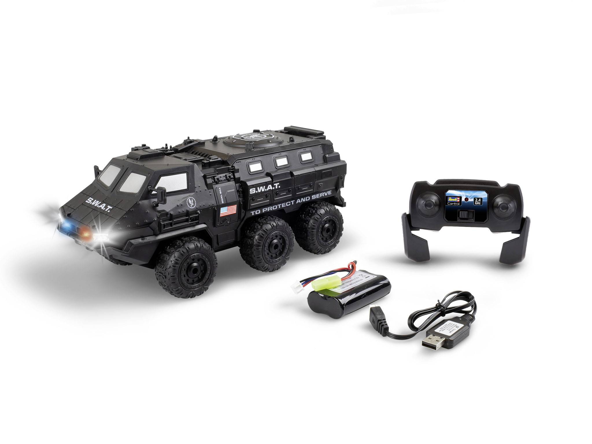 SWAT-Spielzeugfahrzeug mit sechs Rädern und Fernbedienung, Batterie und Ladekabel daneben. Fahrzeug in Schwarz mit Aufschrift 'S.W.A.T.'.