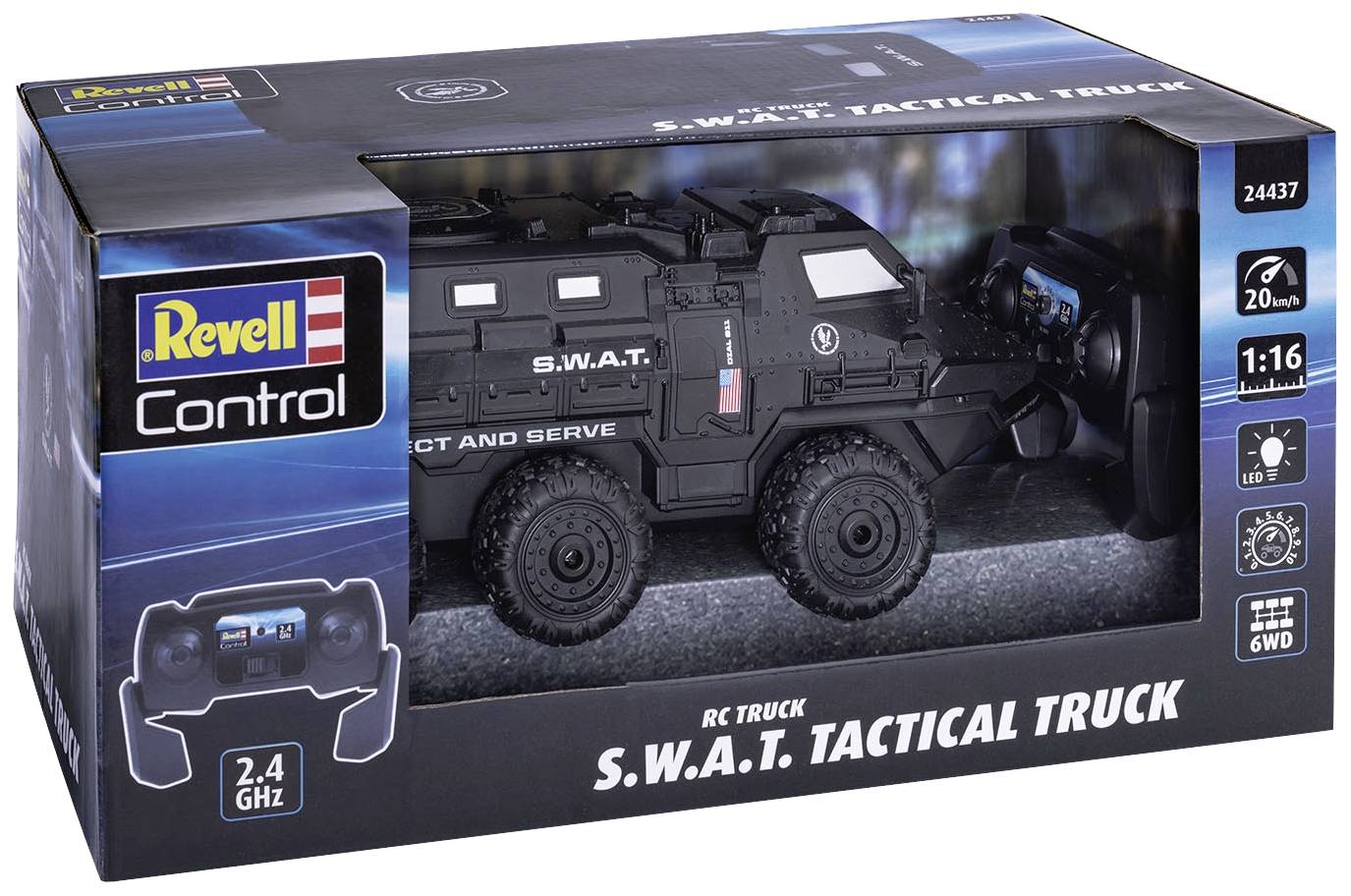 Spielzeugverpackung zeigt einen ferngesteuerten schwarzen S.W.A.T. Taktiktruck im Maßstab 1:16 mit 6-Rad-Antrieb und LED-Lichtern.