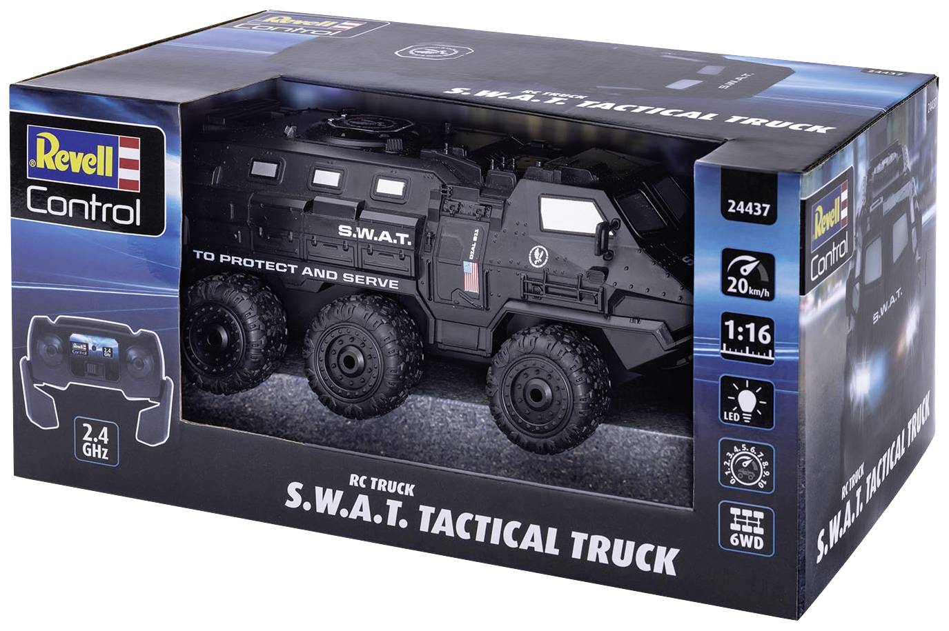 Schwarzes ferngesteuertes SWAT-Tactical-Truck-Spielzeug im Maßstab 1:16, auf Verpackung mit Fernbedienungs- und Funktionseigenschaften abgebildet.