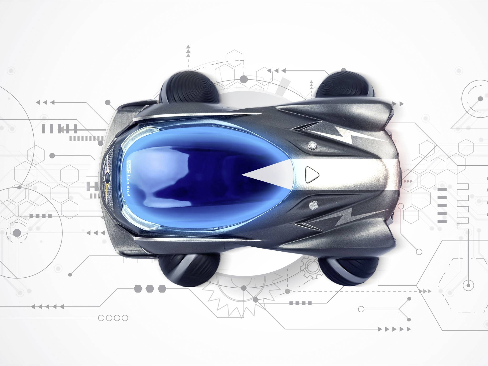 Futuristisches Spielzeugauto mit blauem Cockpit und glattem Design, auf einer technischen, schematischen Hintergrundgrafik.