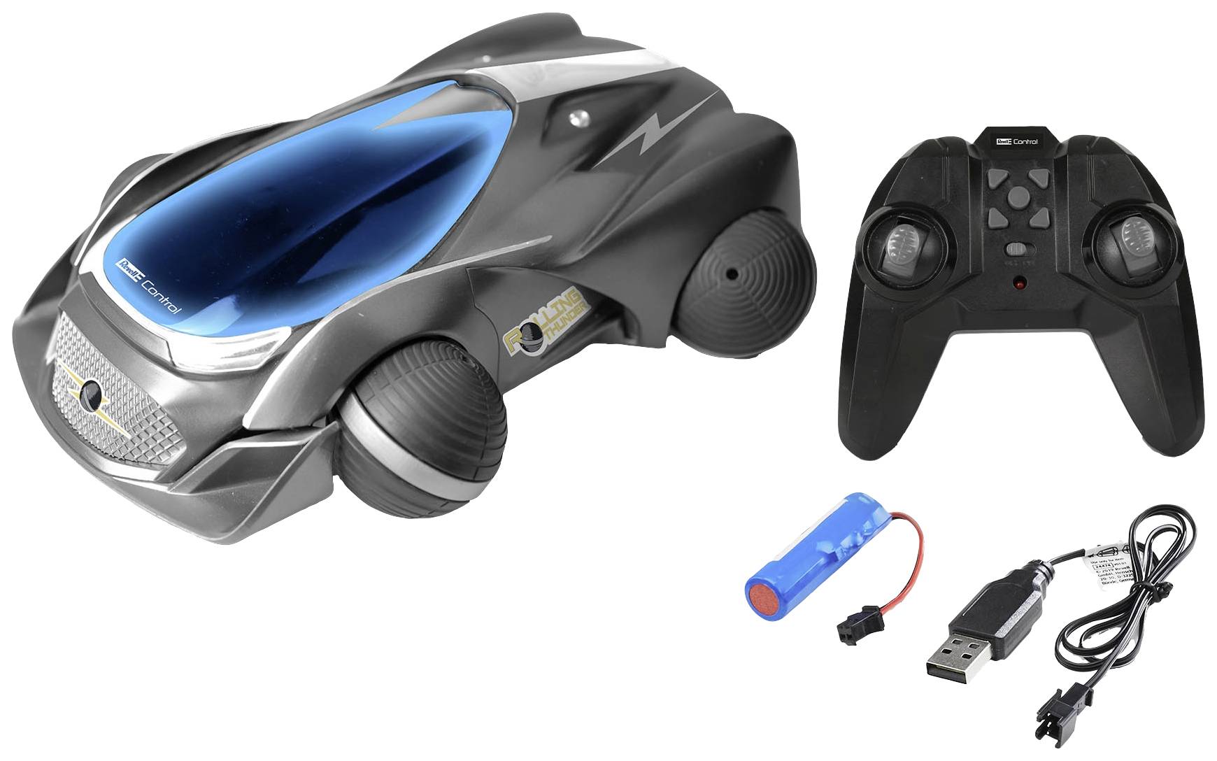 Ferngesteuertes Auto mit schwarz-blauem Design, daneben eine schwarze Fernbedienung, ein aufladbarer Akku und ein USB-Ladekabel.