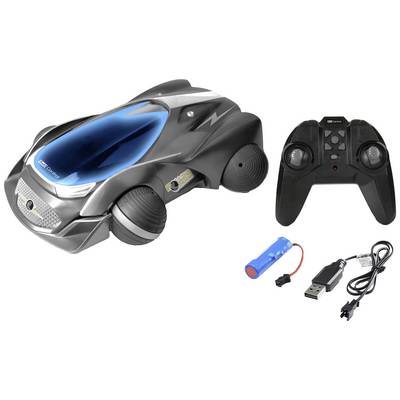 Ferngesteuertes Auto mit schwarz-blauem Design, daneben eine schwarze Fernbedienung, ein aufladbarer Akku und ein USB-Ladekabel.