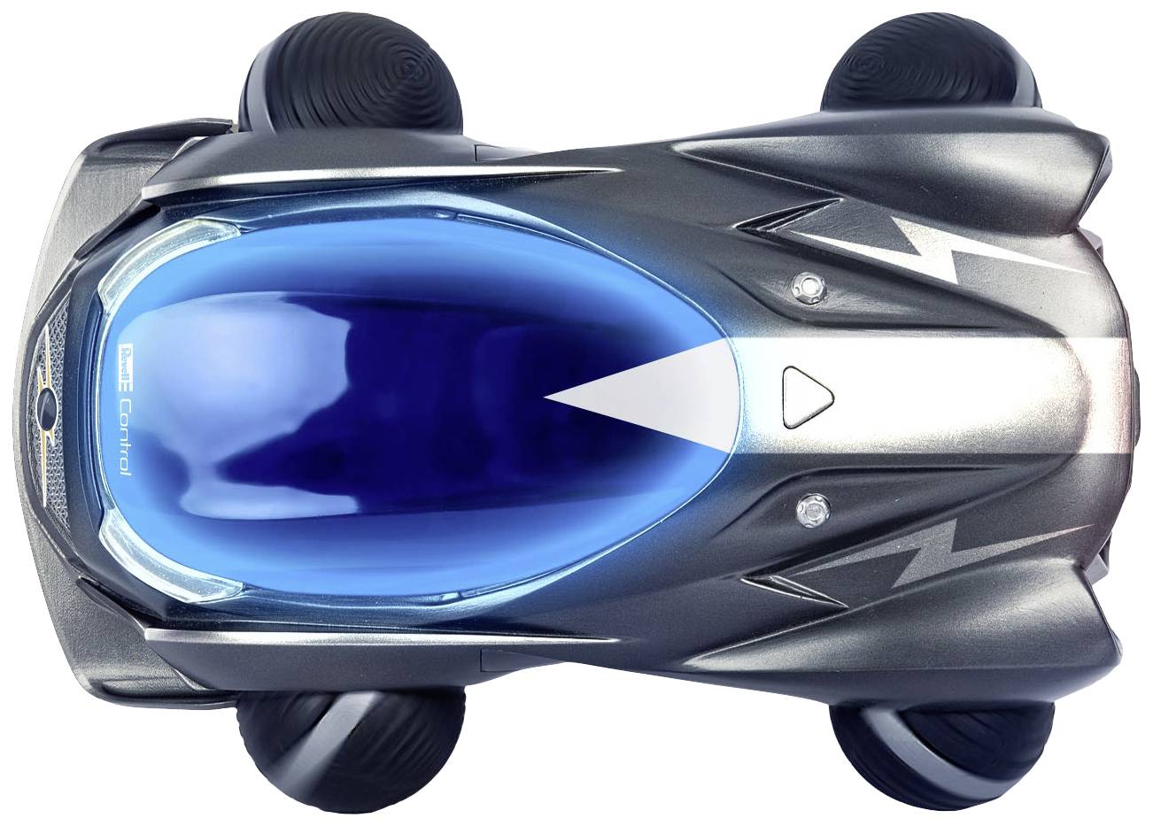 Ein futuristisches Spielzeugauto mit blauer Abdeckung und silbernen Verzierungen. Das Auto hat vier große, schwarze Räder.