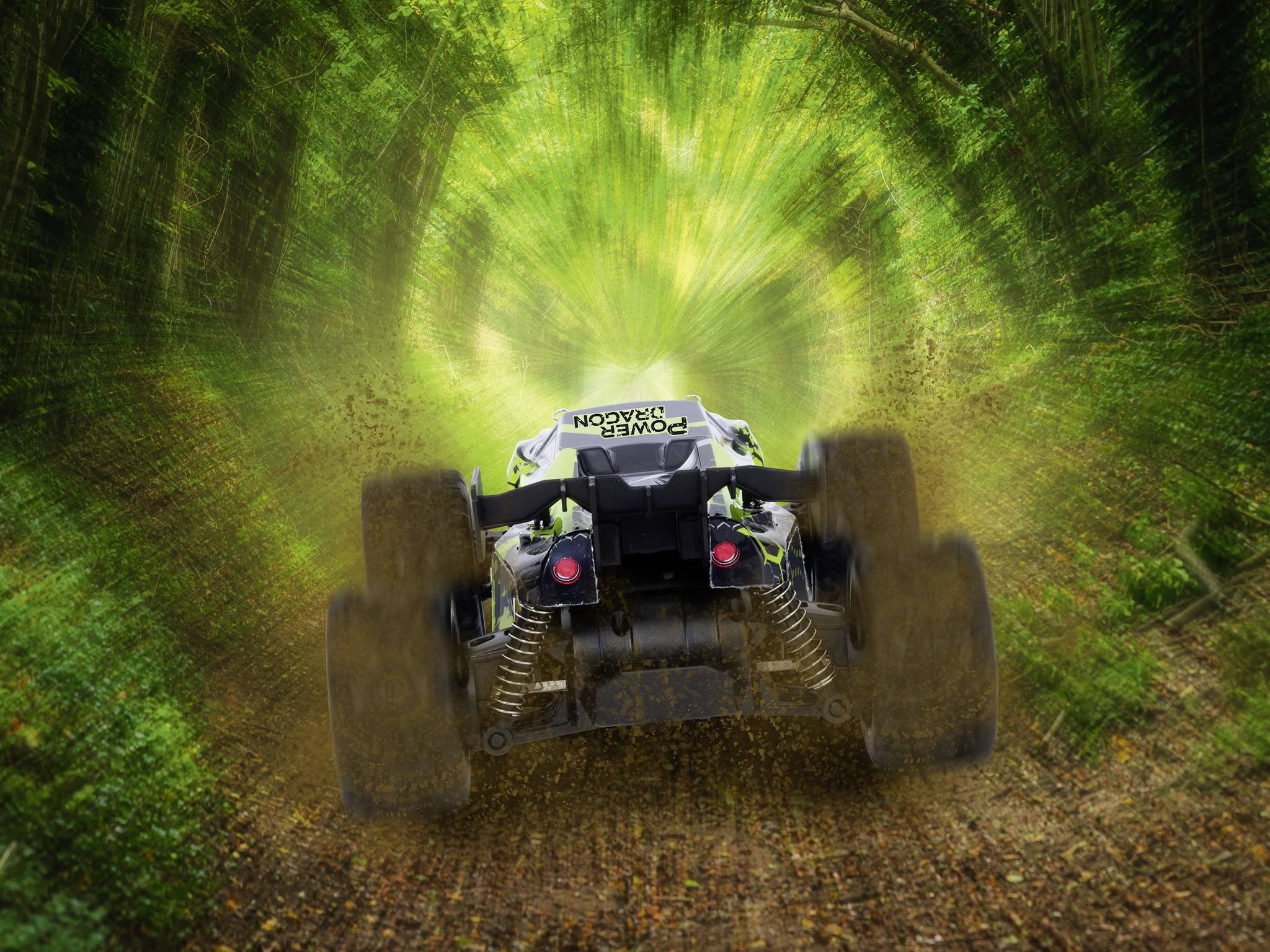 Ein ferngesteuertes Auto fährt mit hoher Geschwindigkeit durch einen grünen, dichten Wald und wirbelt dabei Erde und Blätter auf.