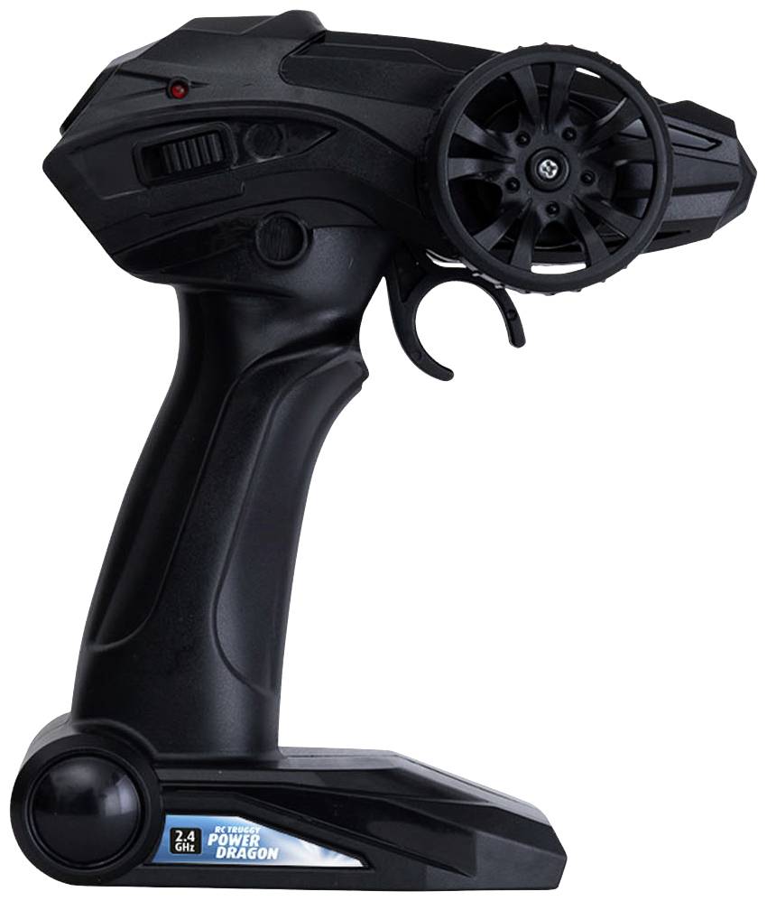 Eine schwarze Fernbedienung mit einem großen, runden Steuerrad und einem Abzug; verwendet für ferngesteuerte Modelle.