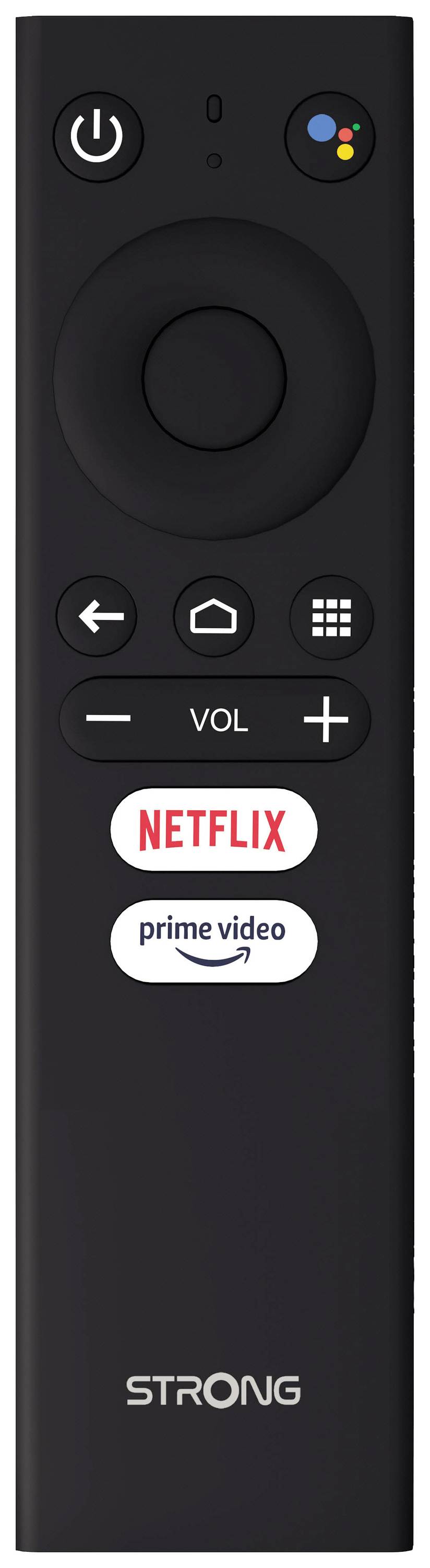 Schwarze Fernbedienung mit Tasten für Netflix, Prime Video und TV-Steuerung. Oben befindet sich ein runder Knopf.