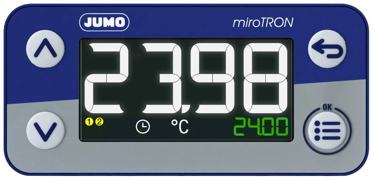 Digitales Thermometerdisplay mit großen Ziffern '23.98' und kleinerem grünen Wert '24.00'. Symbole für Temperaturregelung sichtbar.