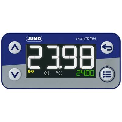Blauer elektronischer Temperaturregler JUMO miroTRON mit digitaler Anzeige '23.98 °C' und Solltemperaturanzeige '24.00'.