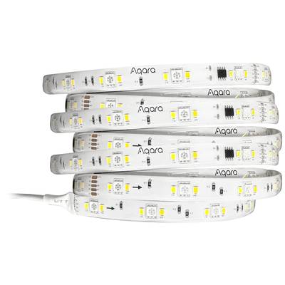 Ein aufgerollter Smart-LED-Lichtstreifen mit Markenname, zeigt verschiedene leuchtende LED-Lampen und technische Komponenten.