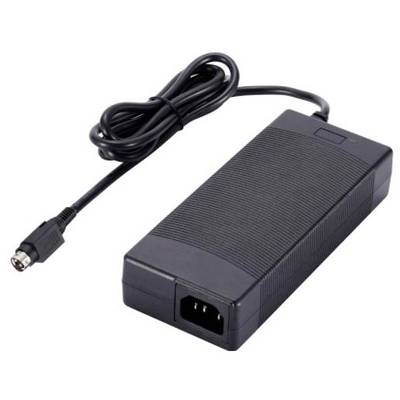 Schwarzes Ladegerät mit langem Kabel und rechteckigem Gehäuse, geeignet für elektronische Geräte.