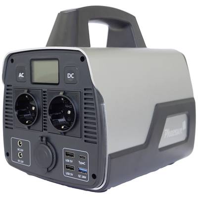 Tragbare Powerstation mit zwei Steckdosen und mehreren USB-Anschlüssen auf der Vorderseite. Griff oben zum einfachen Tragen.