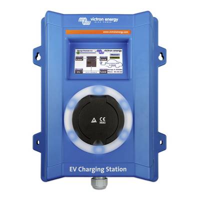 Elektrische Ladestation in Blau, mit Steckdose und kleinem Bildschirm oben, zeigt Victron Energy-Logo. Geeignet für Elektrofahrzeuge.