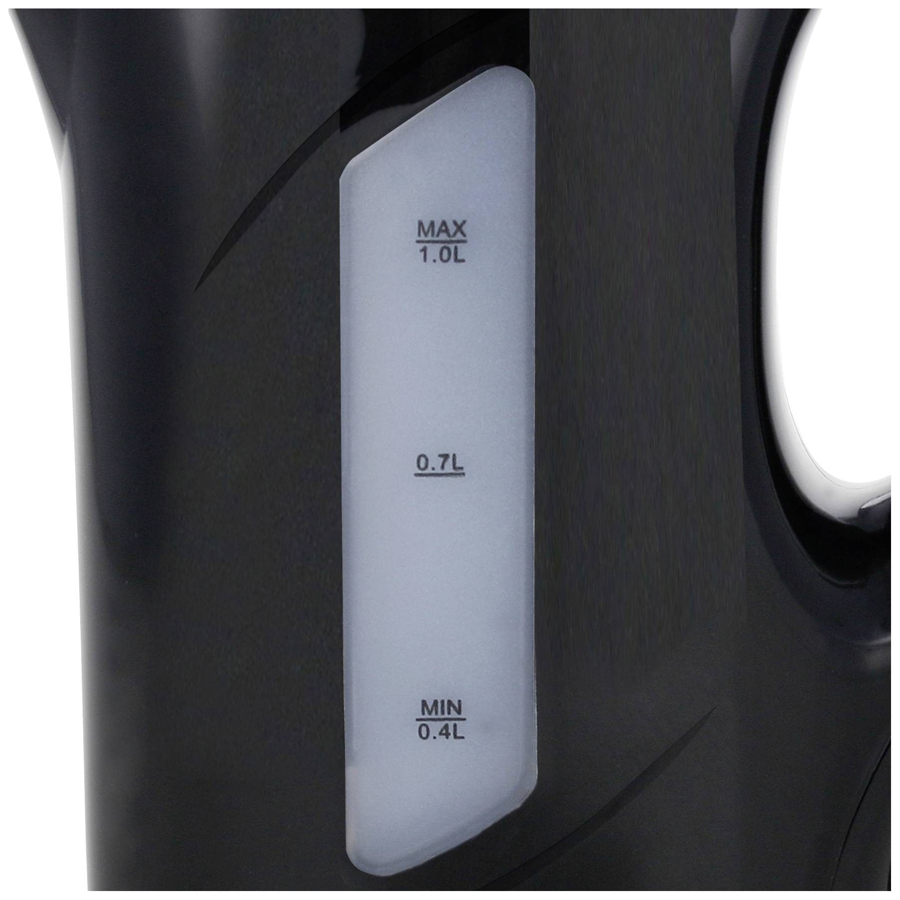 Nahaufnahme eines Wasserkochers mit einem Füllstandsanzeiger. Markierungen für 'MAX 1.0L', '0.7L' und 'MIN 0.4L' sind sichtbar.