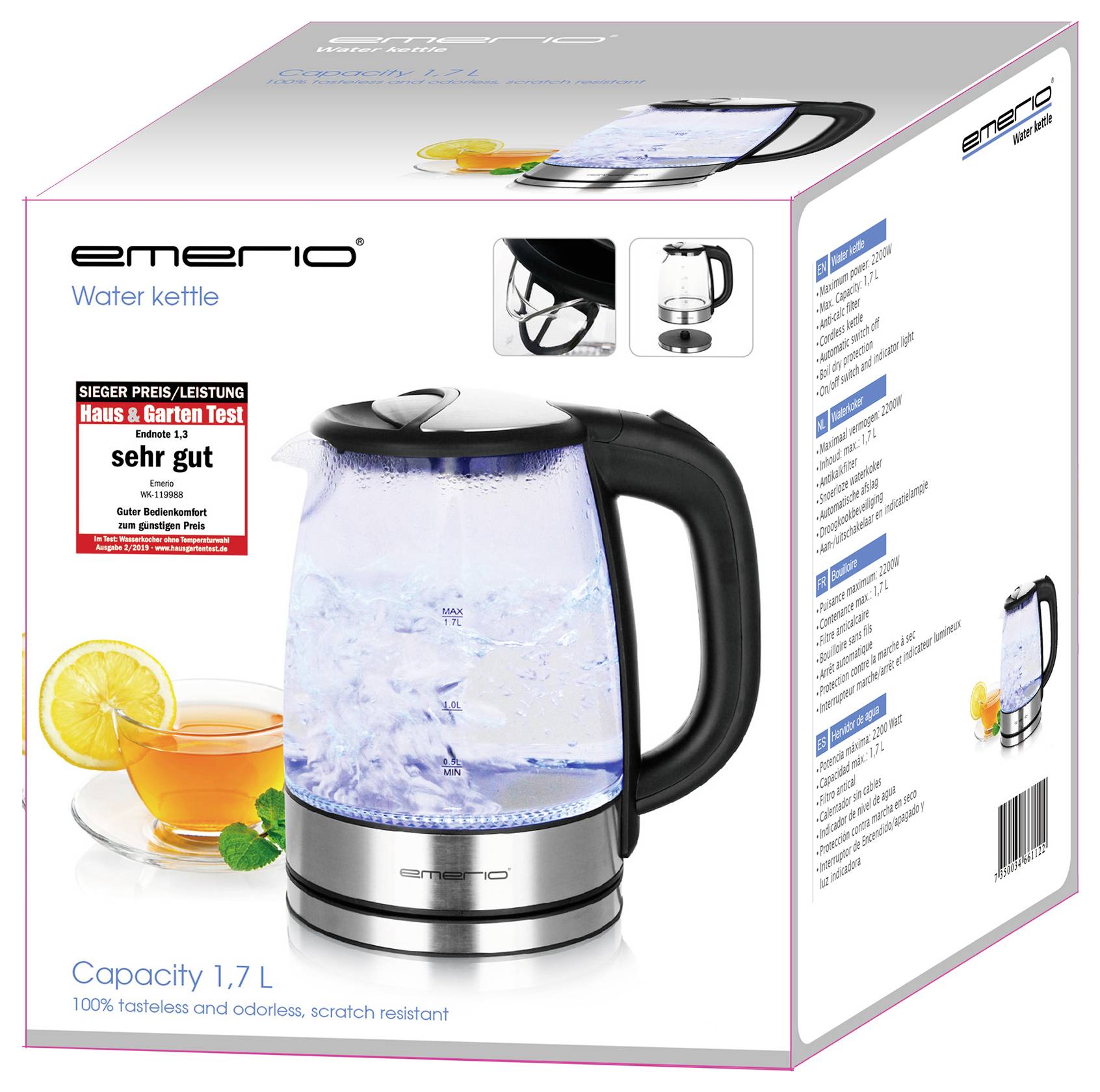 Verpackung eines Wasserkochers, 1,7 Liter Kapazität, silber-schwarz, mit Testauszeichnung 'sehr gut'. Bild von Tee und Zitrone.