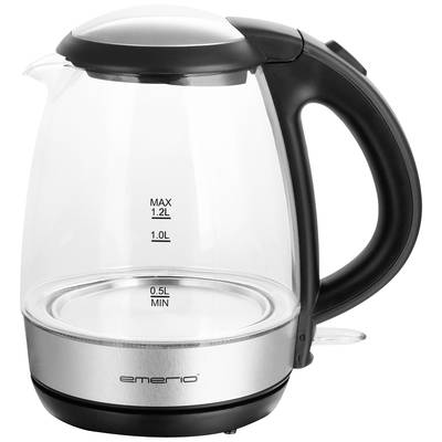 Glas-Wasserkocher mit schwarzem Griff, Edelstahlboden und Skala für 0,5 bis 1,2 Liter Füllmenge.