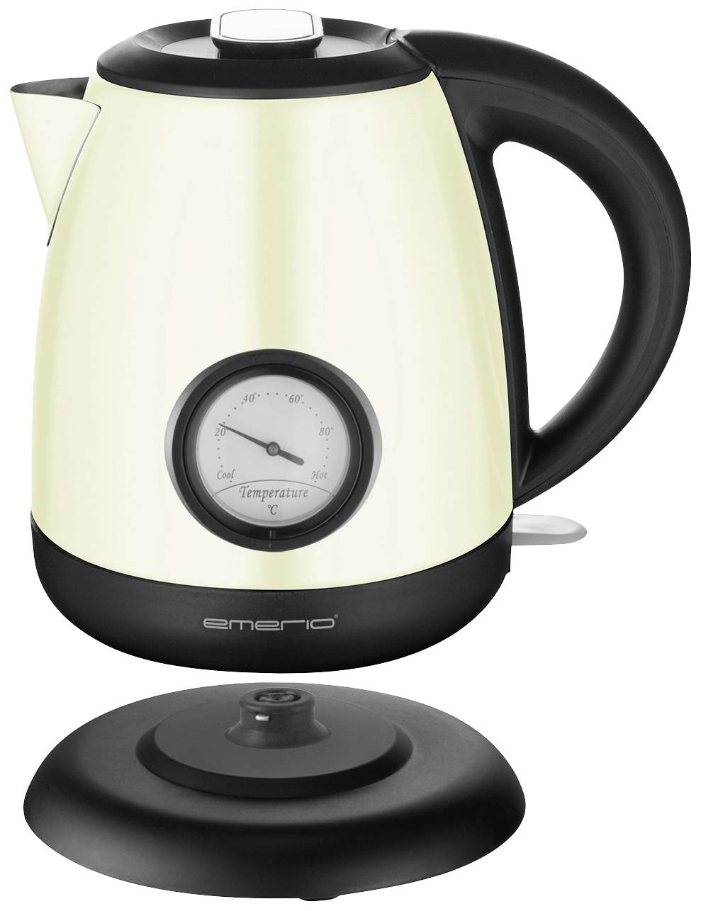 Wasserkocher mit Temperaturanzeige und separatem Sockel. Elegantes Design, cremefarben mit schwarzem Griff und Ausguss.
