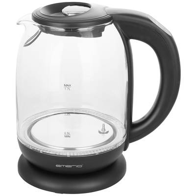 Ein elektrischer Wasserkocher aus Glas mit schwarzem Griff, Fassungsvermögen von 1,7 Litern, auf einer runden Basis platziert.