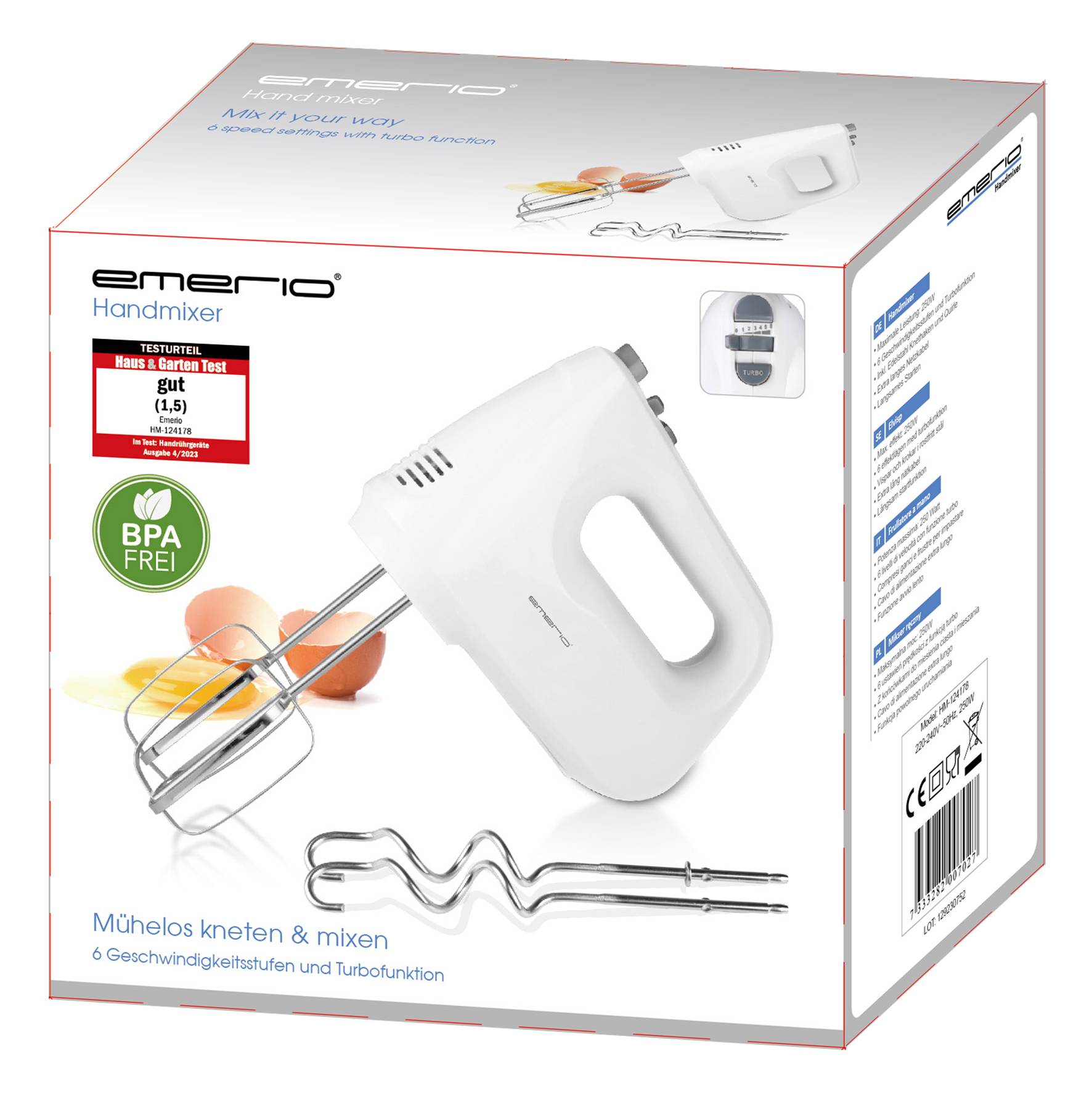 Weiße Handmixer-Verpackung mit Bild des Mixers, zwei Rühraufsätzen, Eiern und Text 'Mühelos kneten & mixen'. Testurteil: Gut (1,5).