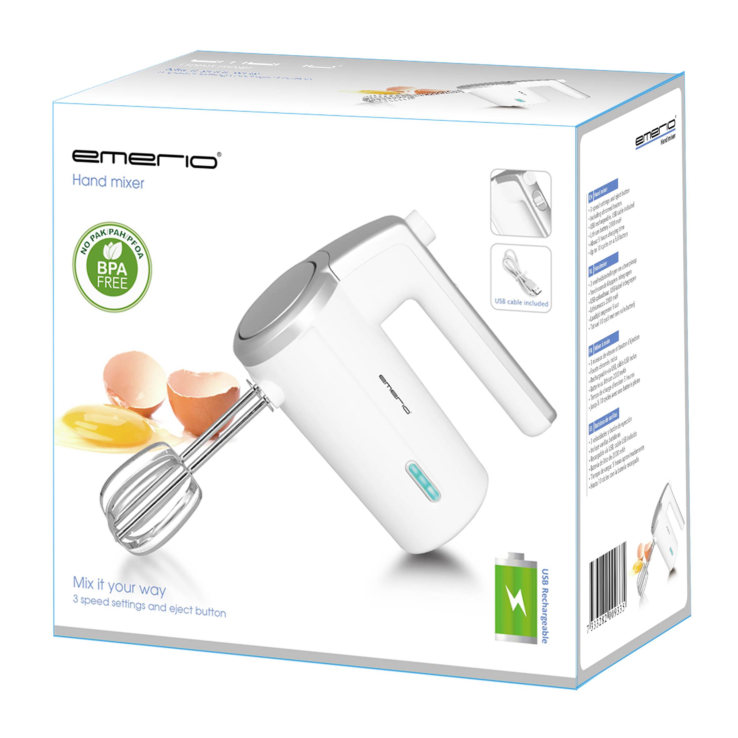 'Handmixer weiß, 3 Geschwindigkeiten. Auf Verpackung: zwei Rühraufsätze, zerbrochenes Ei, BPA-frei Logo.'