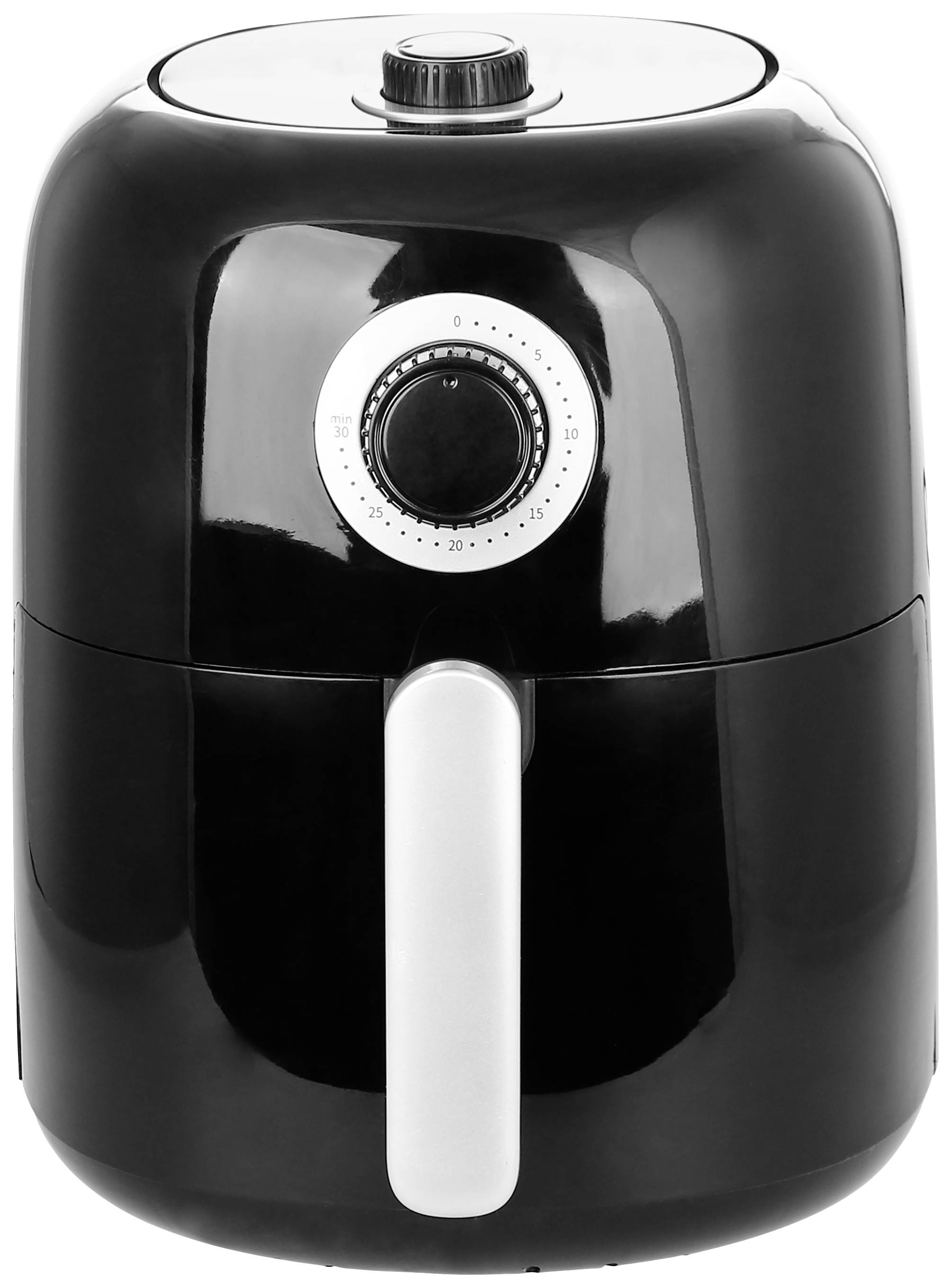 Schwarze Heißluftfritteuse mit Drehregler und Griff, geeignet für fettarmes Frittieren.