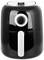 Schwarze Heißluftfritteuse mit Drehregler und Griff, geeignet für fettarmes Frittieren.