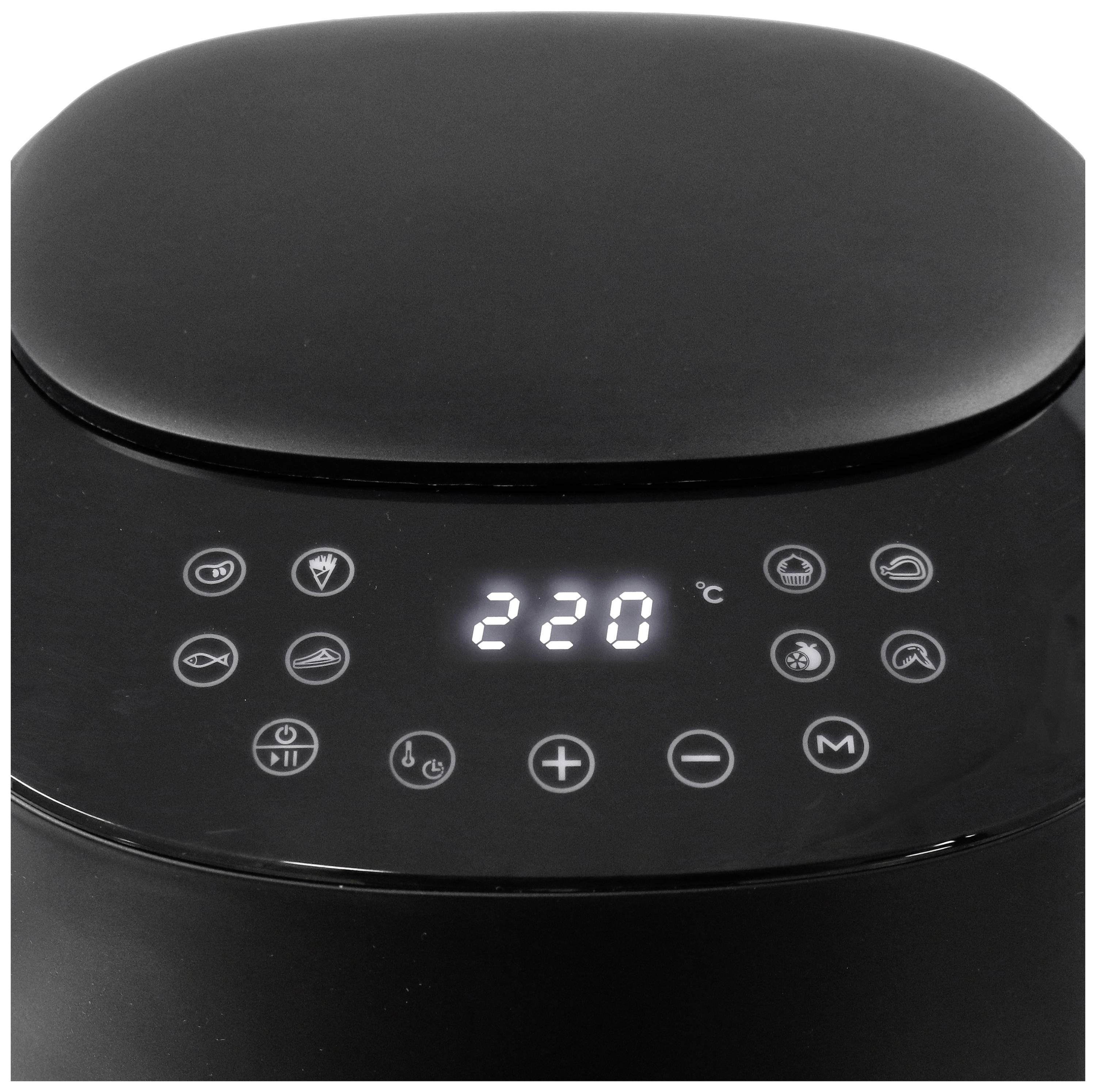Digitales Bedienfeld eines Küchengeräts mit Knöpfen für verschiedene Funktionen wie Einstellungen für Temperatur und Zeit, zeigt '220°C'.